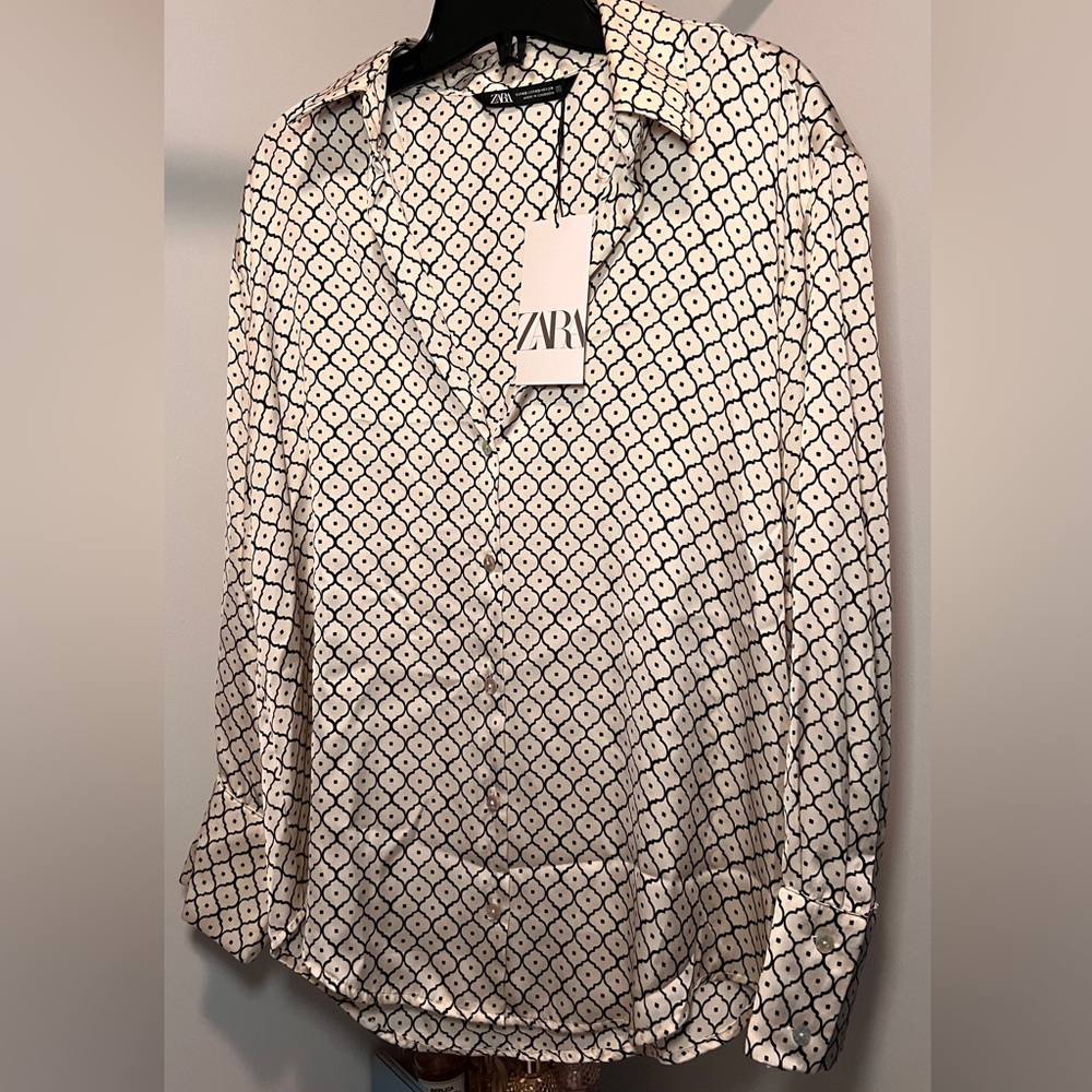 Zara Oversized White Geometric Button Down Shirt